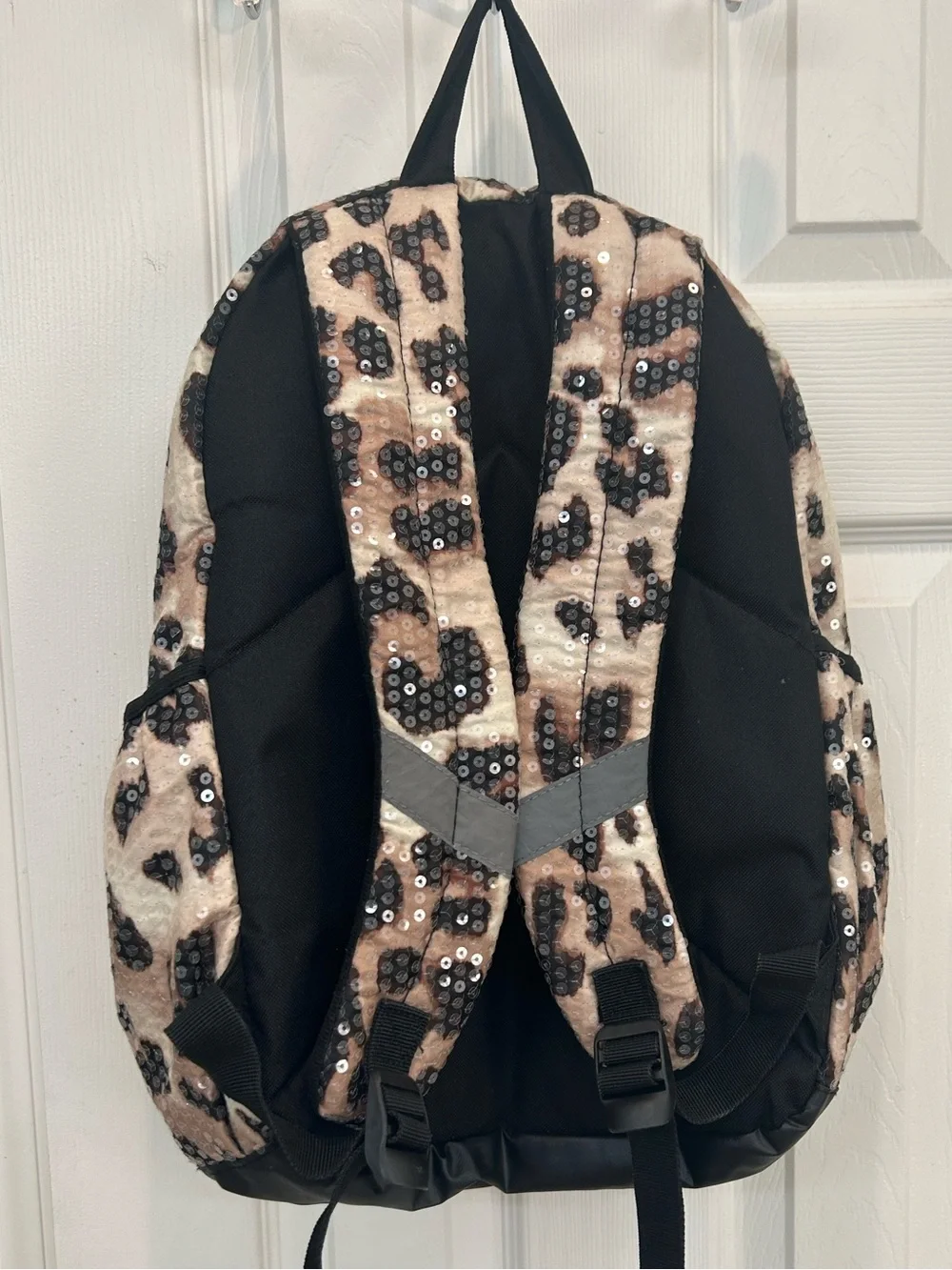 Justice Sequin Leopard Black Backpack with Hot Pink & Leopard Print Accents